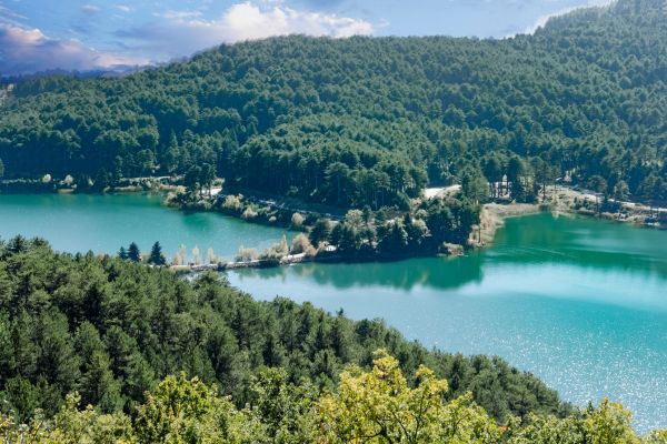 ake Doxa, Feneos, Corinthia,: Artificial lake at 900 m altitude, surrounded by mountains and forests, popular for hiking, nature walks, and photography
