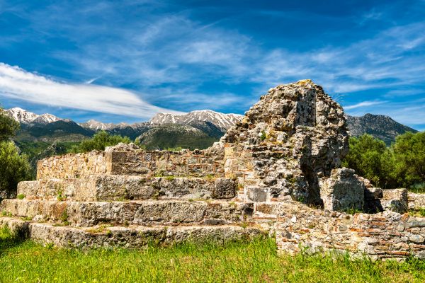 Ruins of Sparta, Laconia, Peloponnese: Remains of the ancient city-state, including remnants of temples, public buildings, and city walls, reflecting its historic military and cultural significance