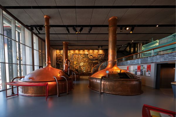 La Coruña: large copper tanks of Mundo Estrella Galicia, Spain's first and only museum dedicated to beer culture. They are housed within the Cooking Room (Brewhouse), which was the operational heart of the brewery between 1972 and 2012.